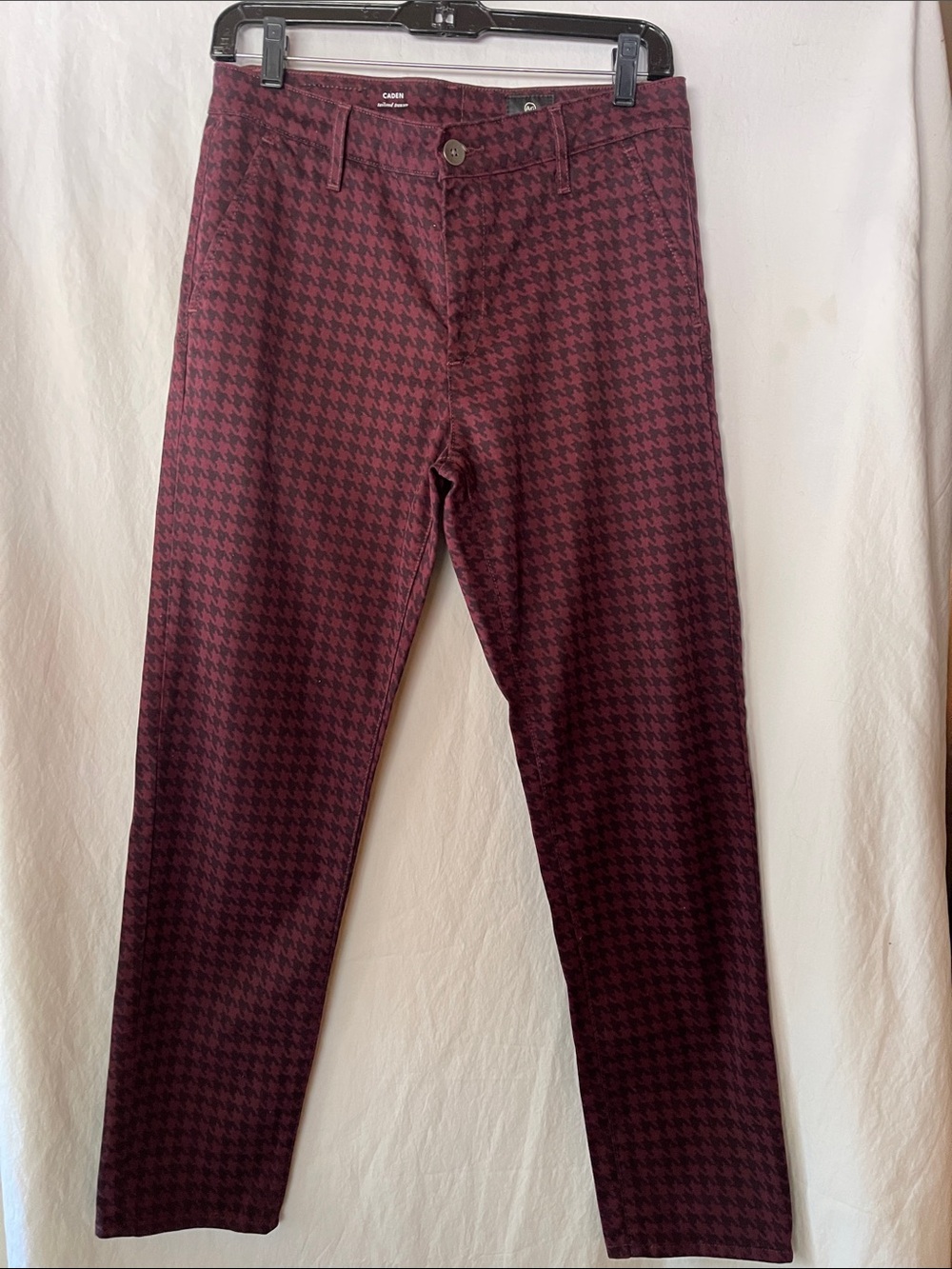 AG new burgundy and black checkered trousers.